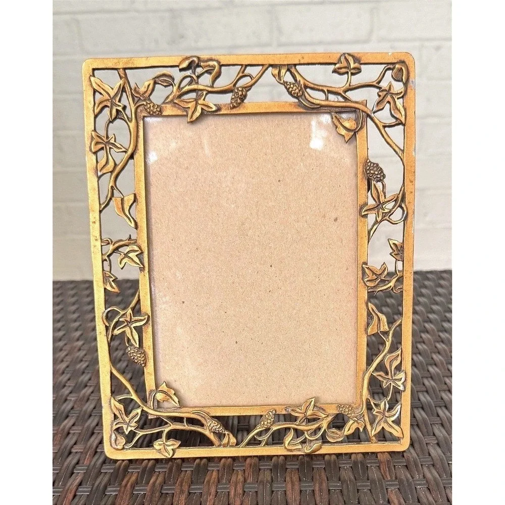 Vintage Shine 7x5 Ornate Metal Ivy Frame, Cottagecore Botanical Tabletop Decor